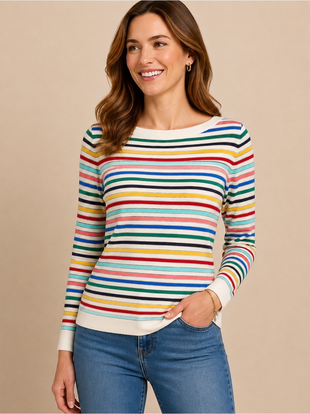 Talbots Striped Boat Neck Sweater Large Multicolor Lambswool Rainbow Preppy Soft
